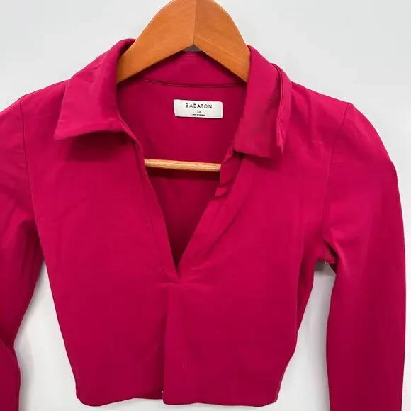 BABATON Pink Collared Contour Cropped Long Sleeve Polo // XS - Picture 4 of 9